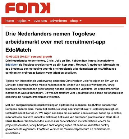 Press article cover about EdoMatch