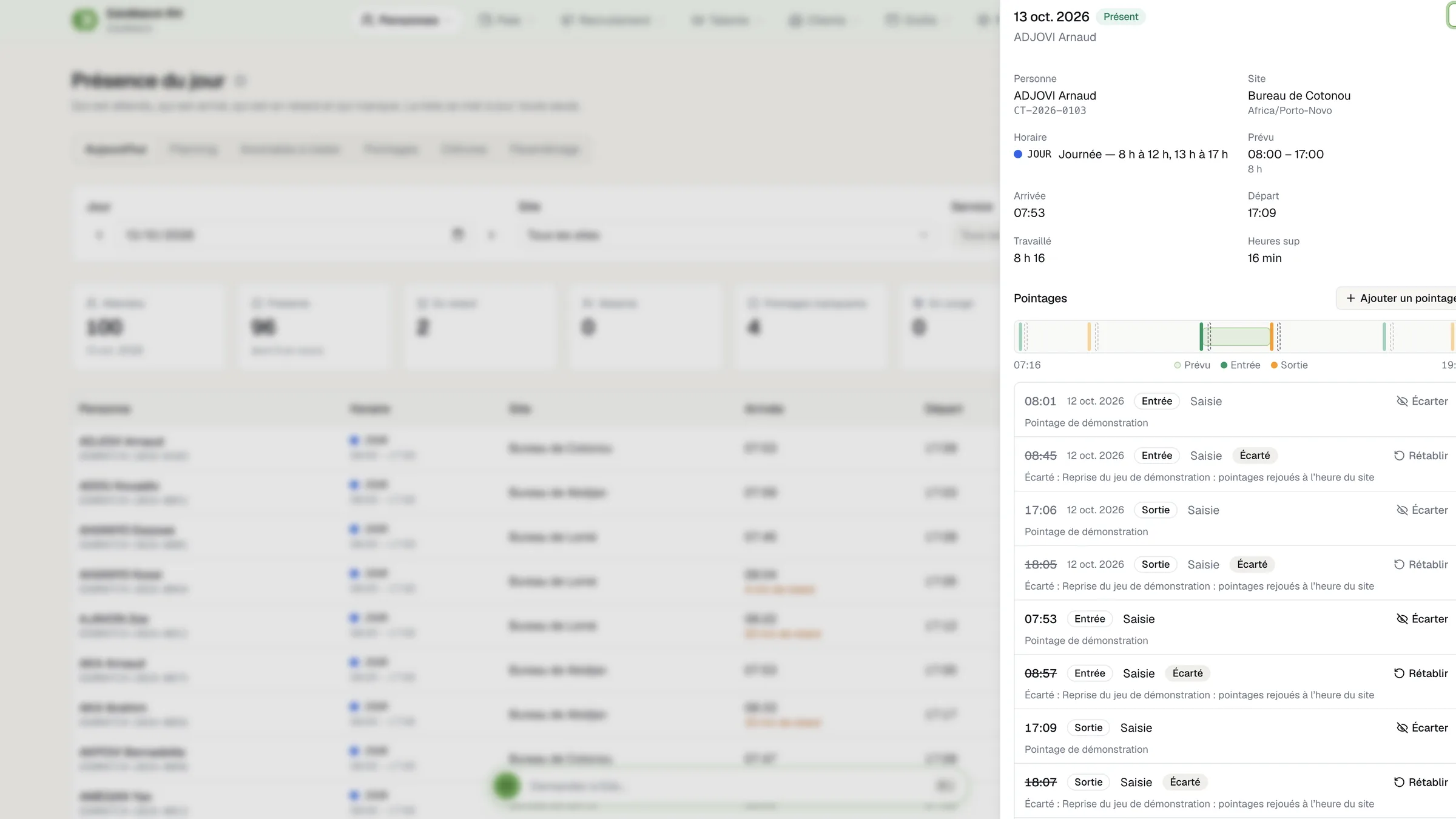 EdoMatch HR Suite: one employee's clock-ins for the day, with arrival, departure and hours worked.