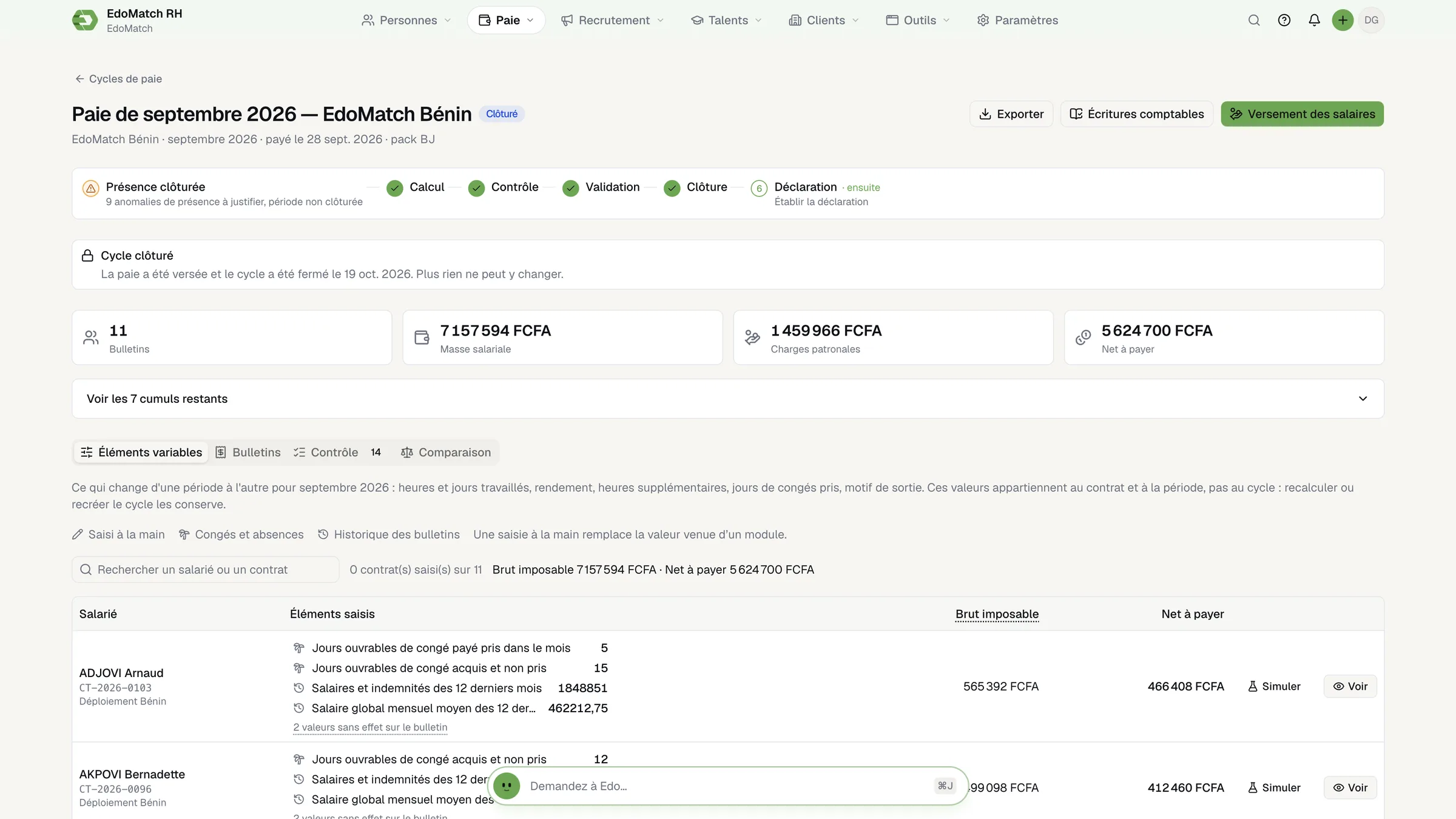EdoMatch HR Suite: the September payroll for EdoMatch Benin, with totals and each employee's pay.