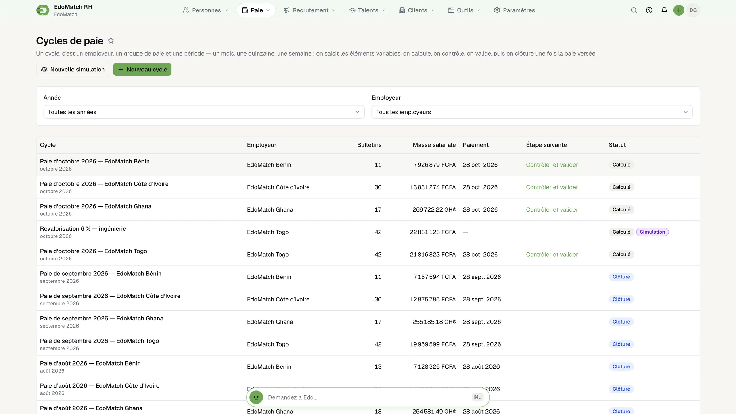 EdoMatch HR Suite: the list of pay cycles by country and month.