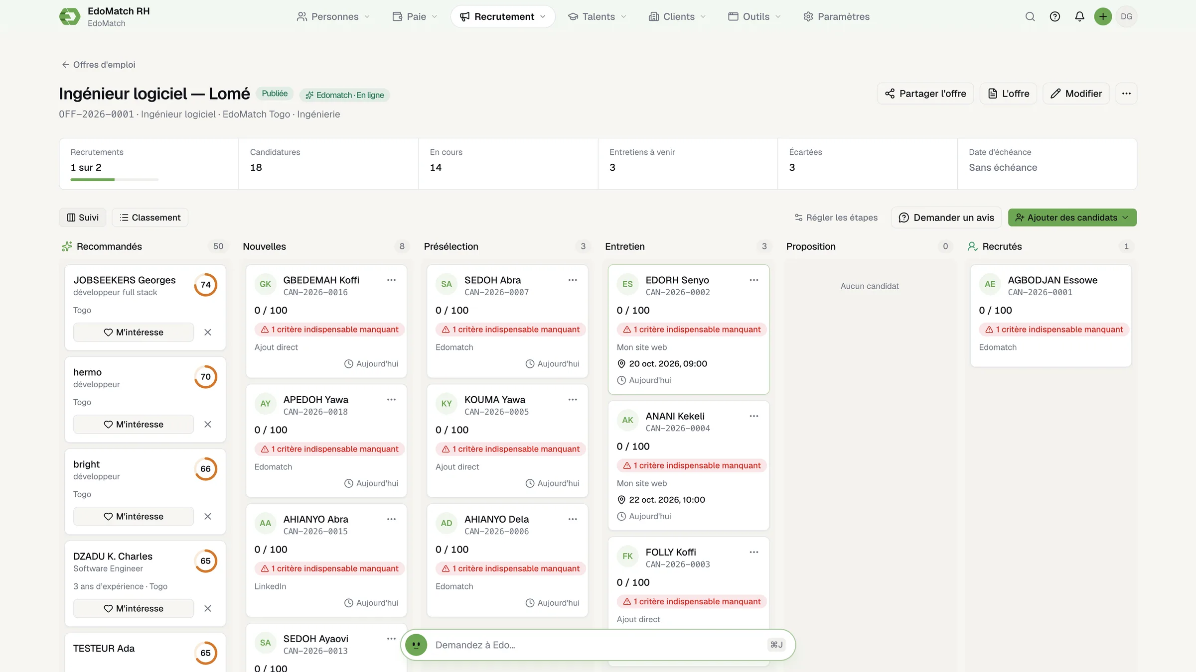 EdoMatch HR Suite: candidates for a software engineer job in Lomé, sorted by hiring stage.